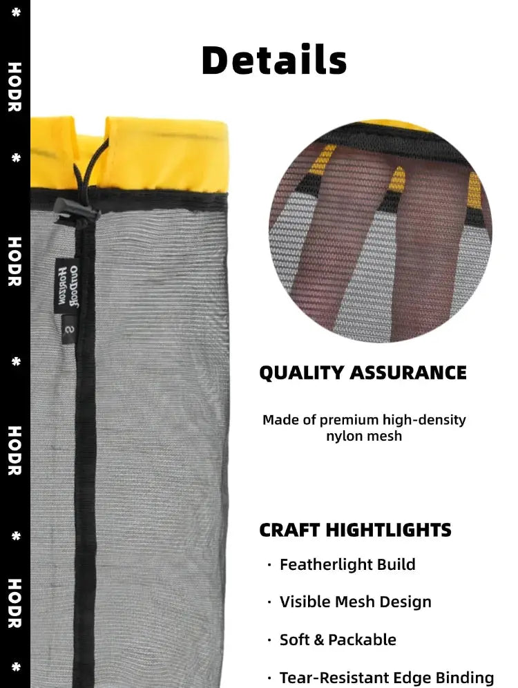 HODR mesh bag by Simples Market, lightweight nylon stuff sack with yellow top and gray body, drawstring closure