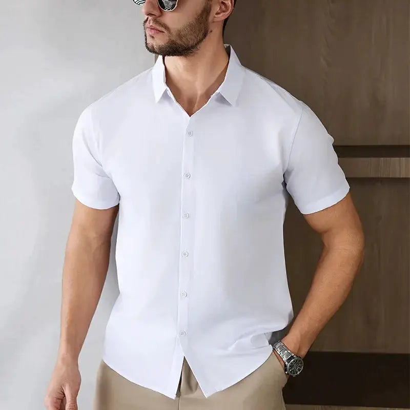Men's white solid-color short-sleeve button-down shirt, business casual, versatile top