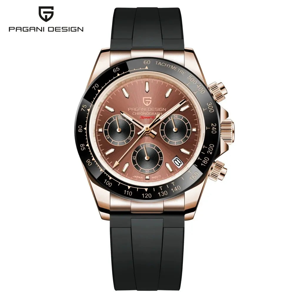 Pagani Design chronograph watch for men with rose-gold tone stainless steel case, black bezel, three-subdial dial and silicone strap