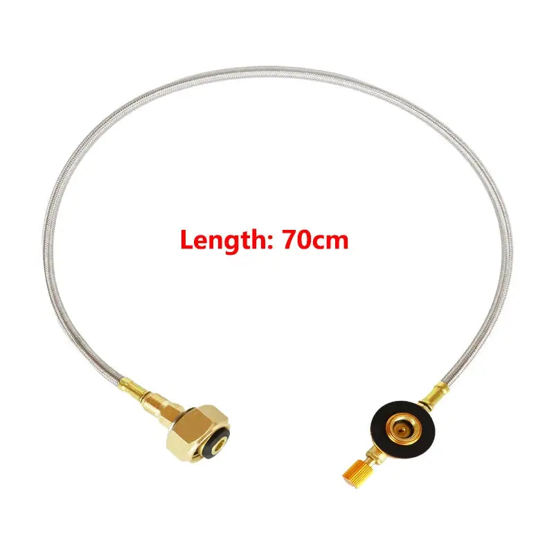 Camping gas refill adapter hose by Simples Market, stainless-steel braided with brass fittings, 70cm length.