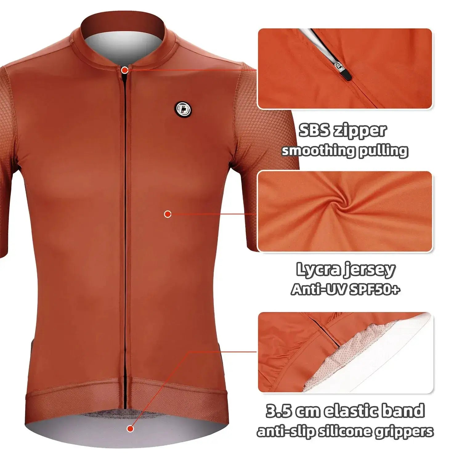 DAREVIE orange cycling jersey with Lycra, SPF50+ anti-UV, SBS zipper and anti-slip silicone grippers.