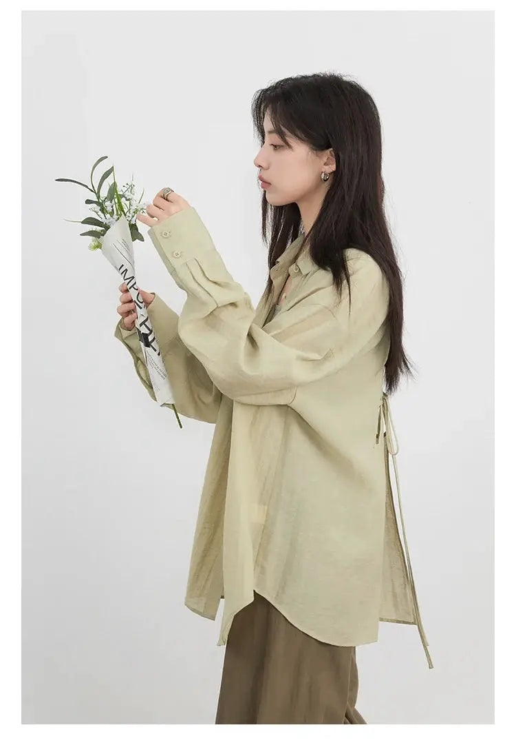 CHIC VEN women's long-sleeve shirt, beige, loose fit with back tie detail.