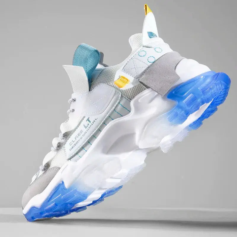 Men's sneakers by Simples Market, white and blue breathable running trainer with chunky sole