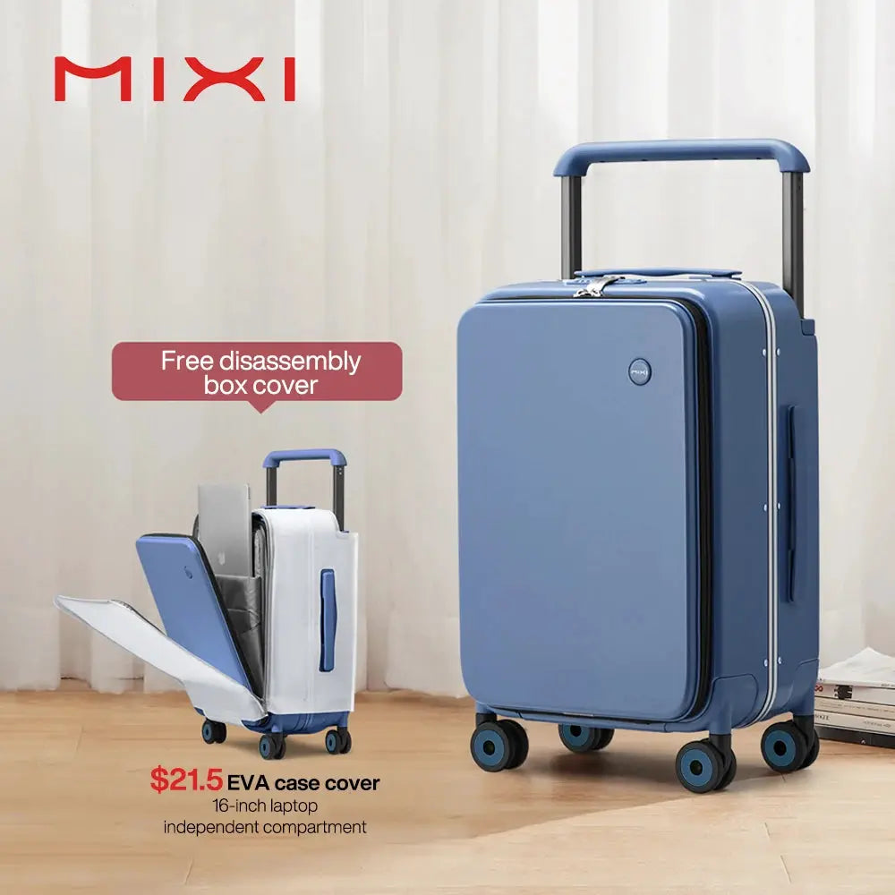 Carry-on suitcase Mixi blue 20-inch with retractable handle and four dual wheels, plus white laptop case.