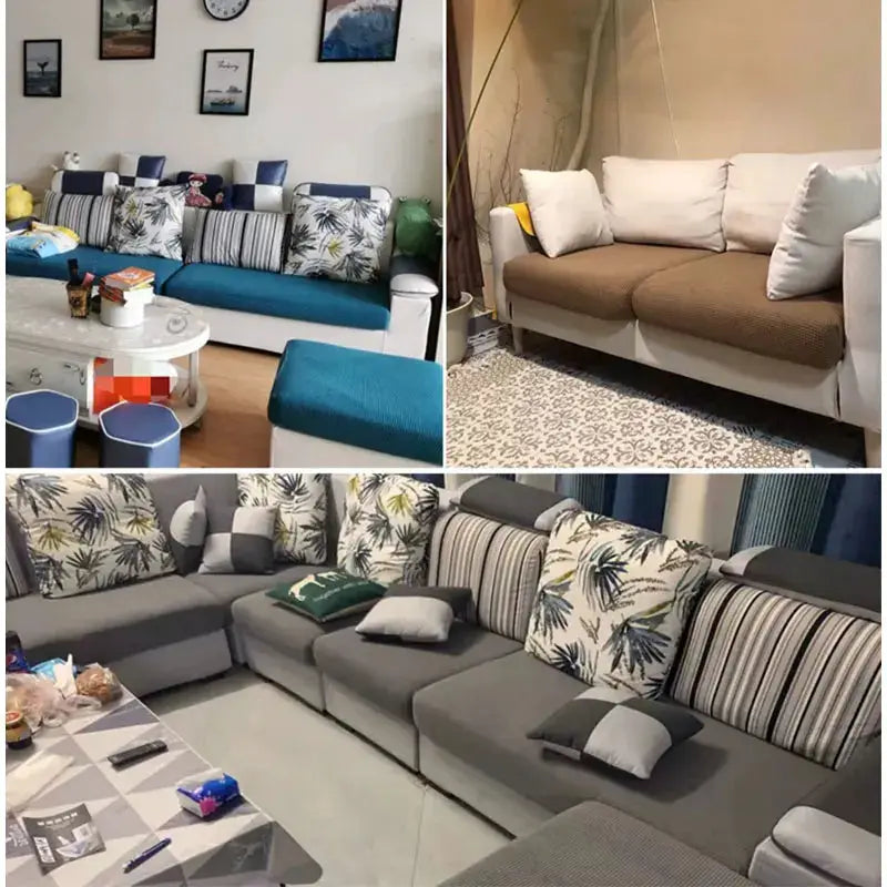 Sofa slipcovers in teal and gray on three sofas with palm-leaf patterned cushions