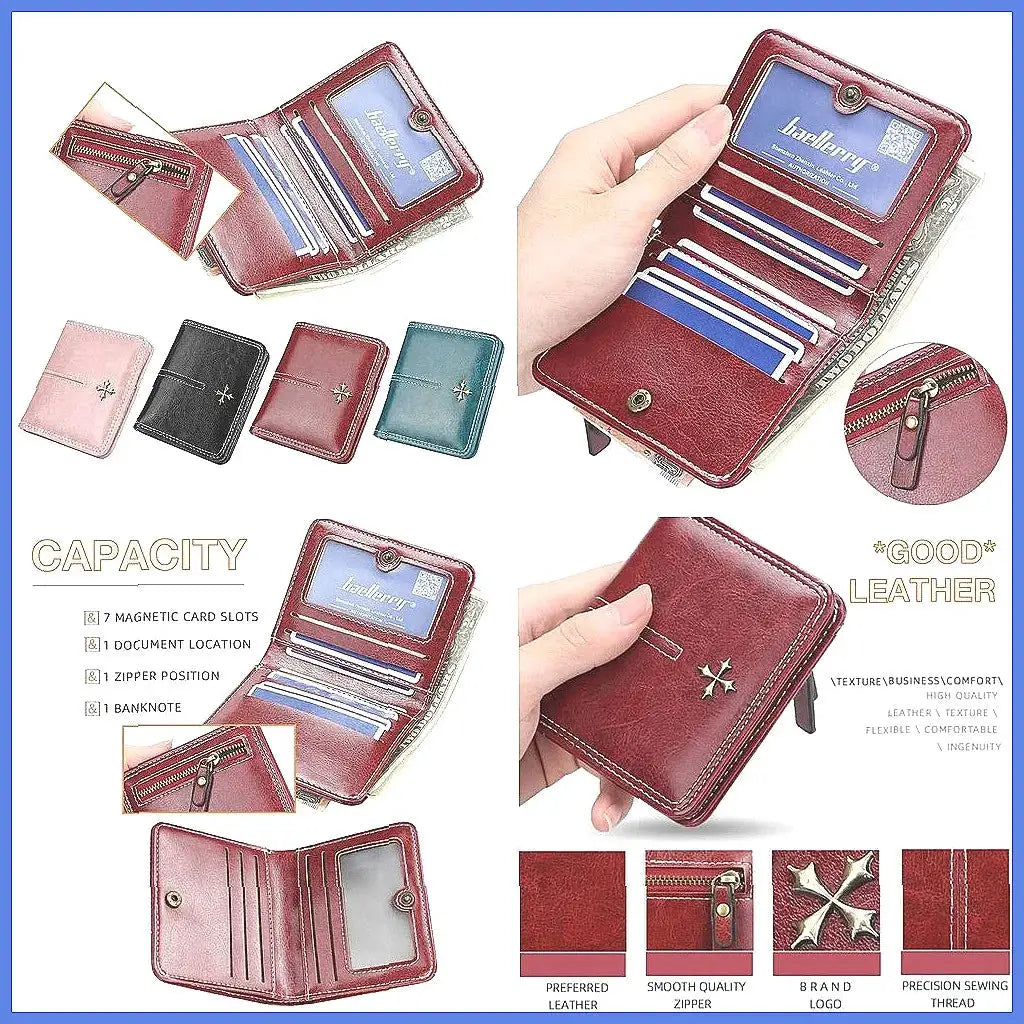 Simples Market women's short oil-wax PU wallet with zipper; multi-card coin purse, 5-color set