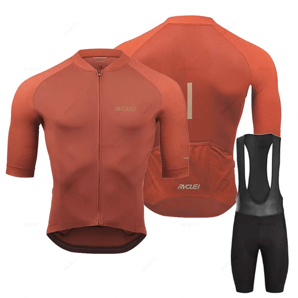 Rvouei Pro Team cycling jersey set: orange breathable short-sleeve jersey with back pockets and black bib shorts