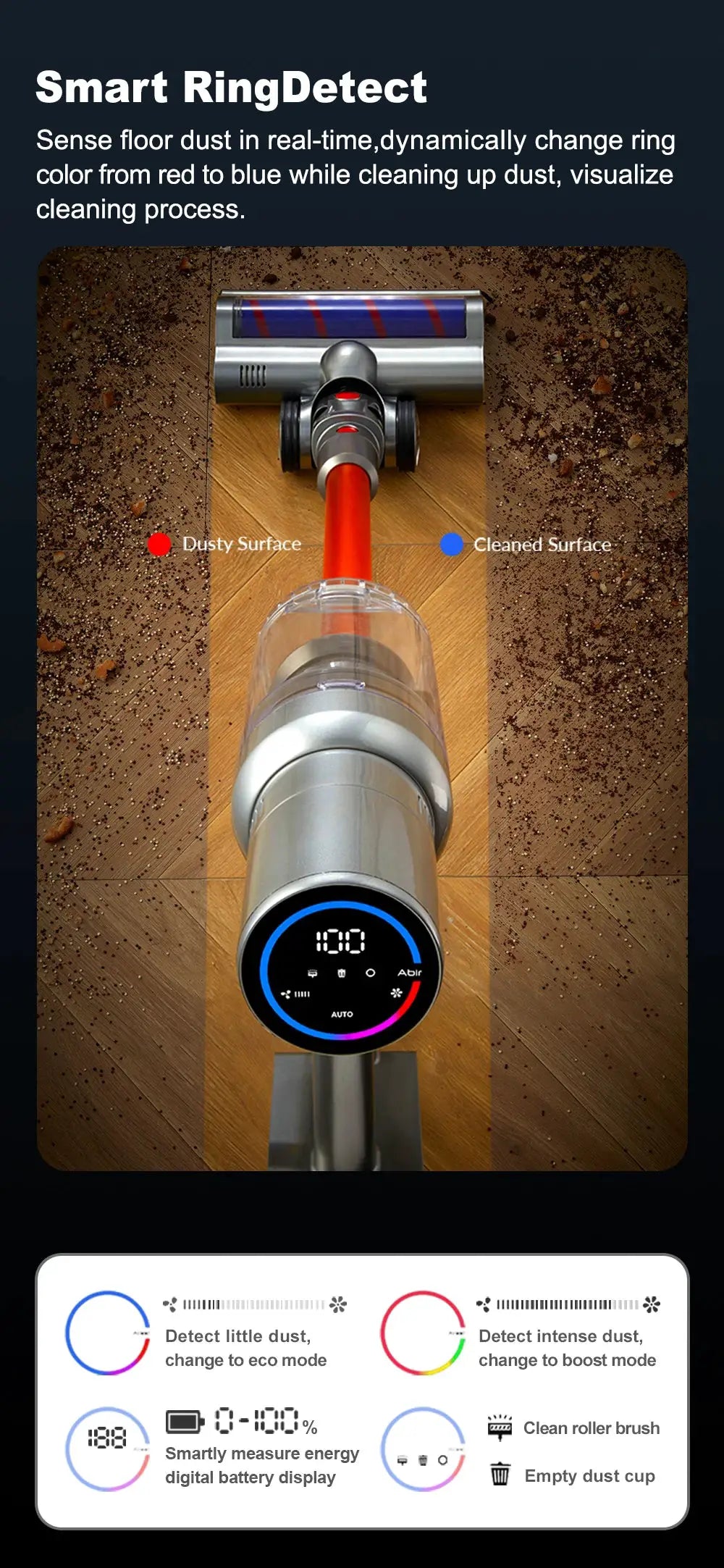 ABIR VC205 cordless handheld vacuum cleaner with orange wand and touchscreen display