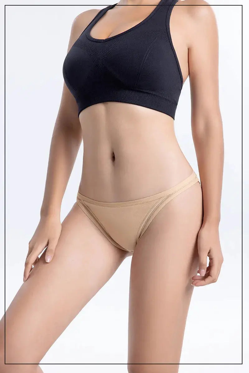 Simples Market women's cotton mesh bikini panties in nude beige.