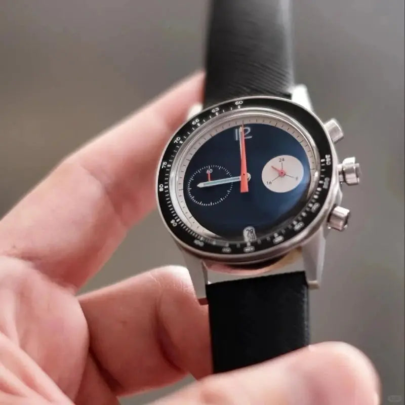 CILOA men's luxury automatic wristwatch with blue dial, black strap, stainless steel case.