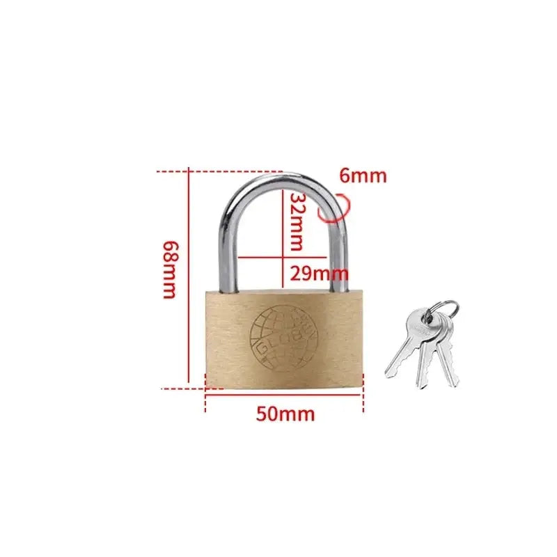 Copper padlock with brass body and silver shackle; includes 3 keys for luggage, cases, or lockers