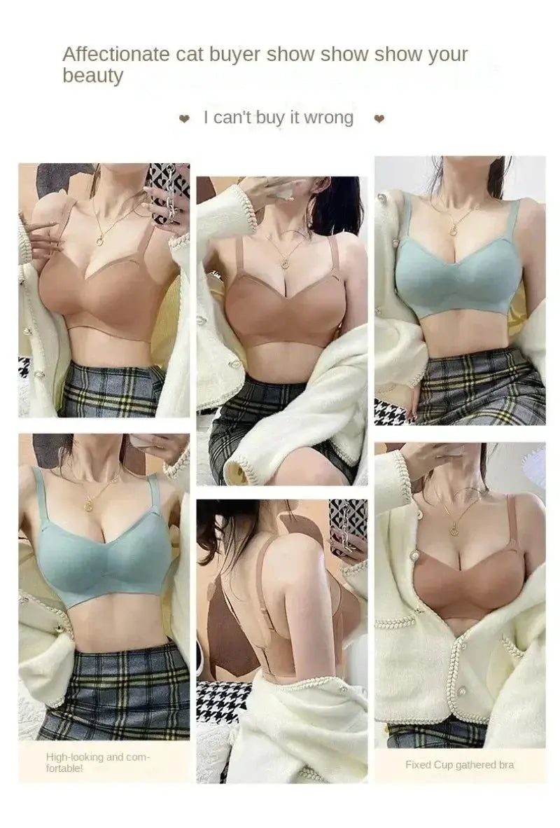 Fixed-cup bra collage in nude and pale blue tones, 6 bras displayed