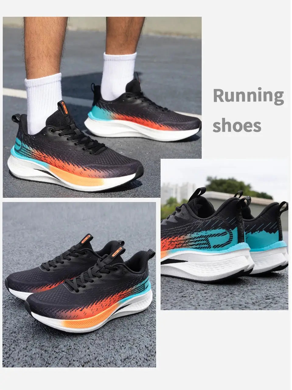 Baasploa men running shoes with gradient black-to-orange-teal upper and white cushioned sole; three views