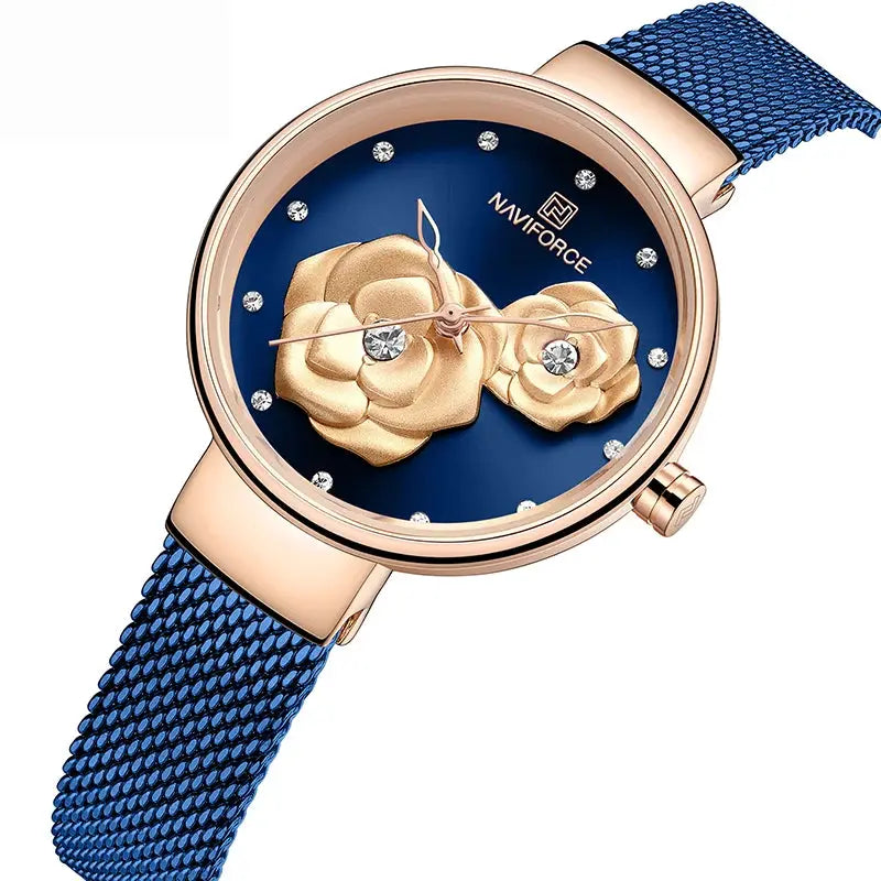 Naviforce women’s watch with rose-gold steel mesh band, blue dial and floral crystal accents
