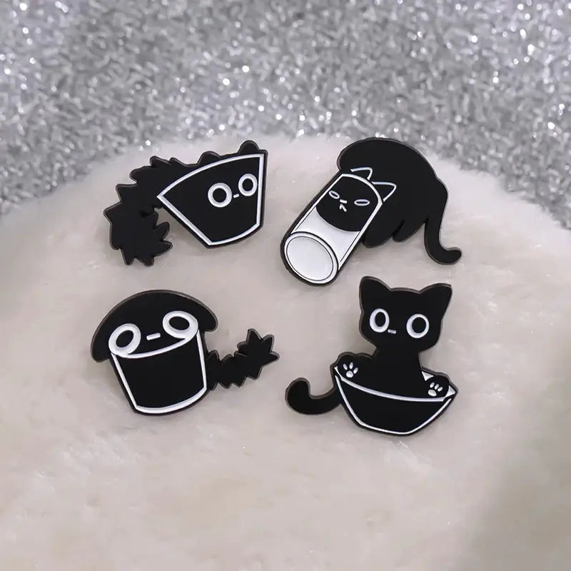 Cat Enamel Pins Set 4 To 6 Pieces Cute Black Fluid Cat Brooches Lapel Pins Jewelry Gift For Friends