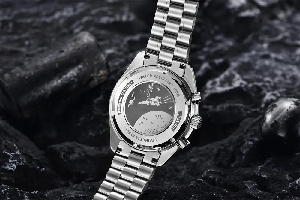 PAGANI DESIGN stainless steel men's watch with metal bracelet; case-back engraving and water resistance marks visible.