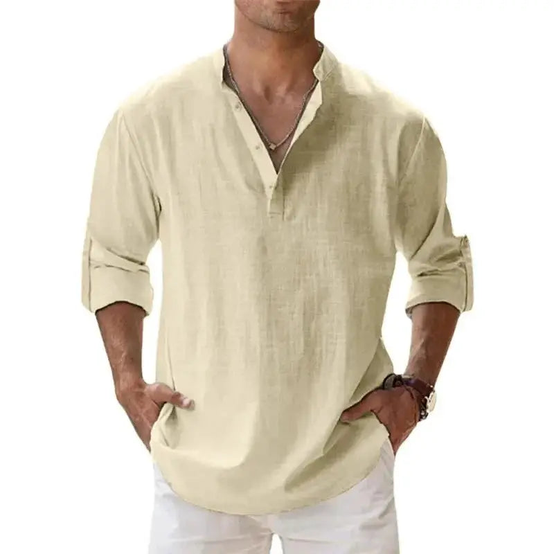 Men's Lightweight Long Sleeve Henley Shirts Cotton Linen Blend Breathable Casual Beachwear Tee