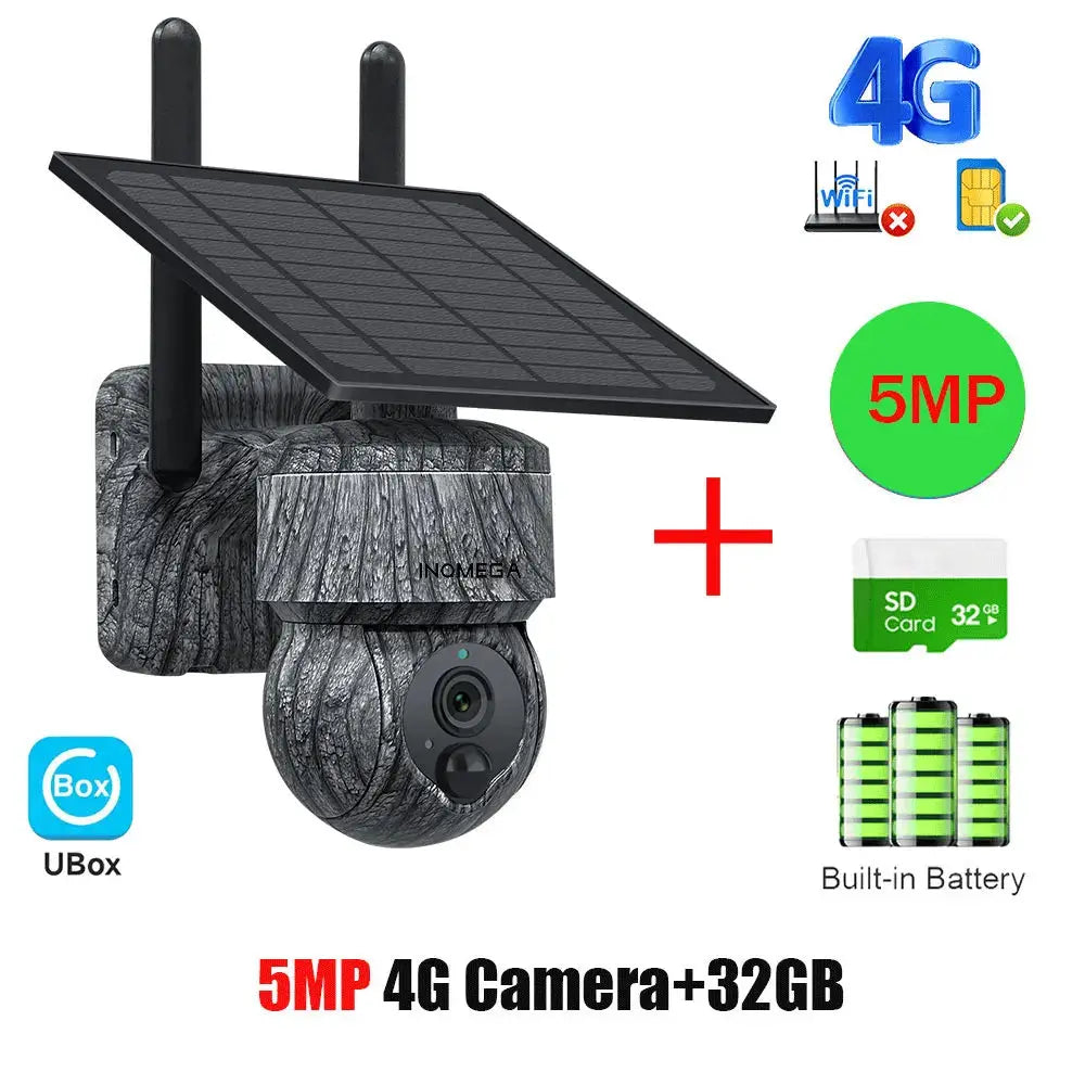 INQMEGA 5MP solar-powered PTZ CCTV camera with 4G SIM, built-in battery, solar panel and 32GB SD card
