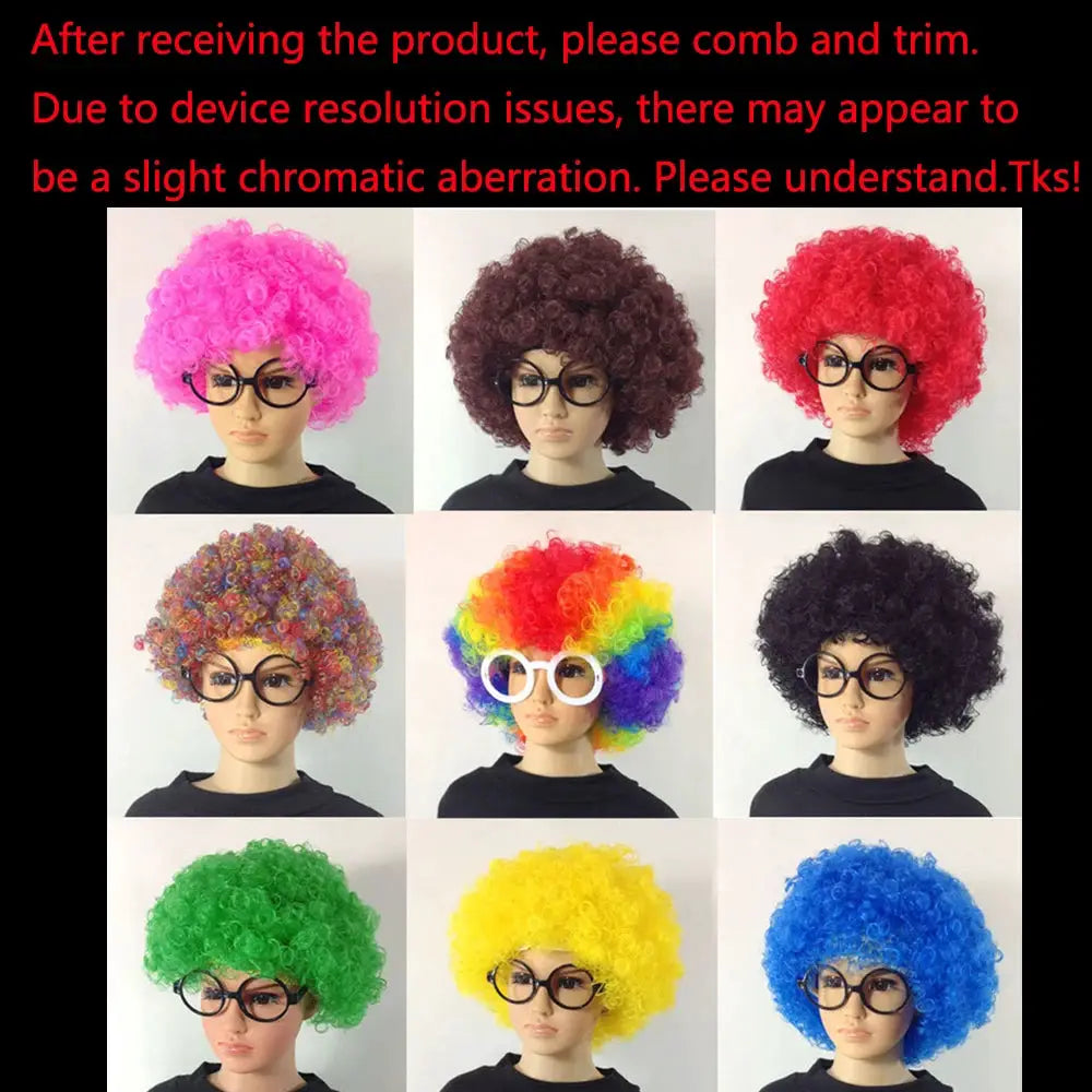 Women’s curly cosplay wigs collage: 9 colorful short, wavy synthetic wigs on display