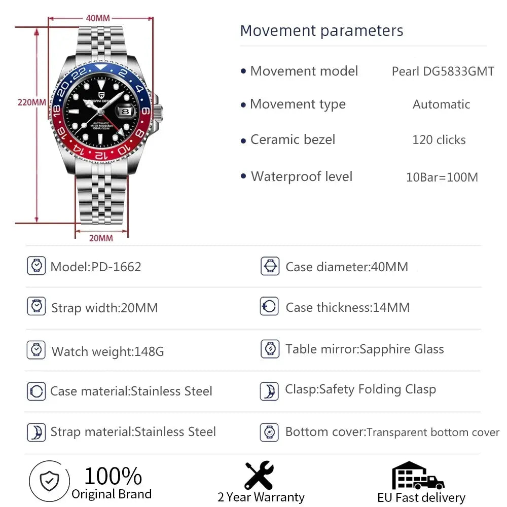 Pagani Design V3 GMT men's stainless steel watch, 40mm case, blue-red bezel, automatic movement, sapphire glass