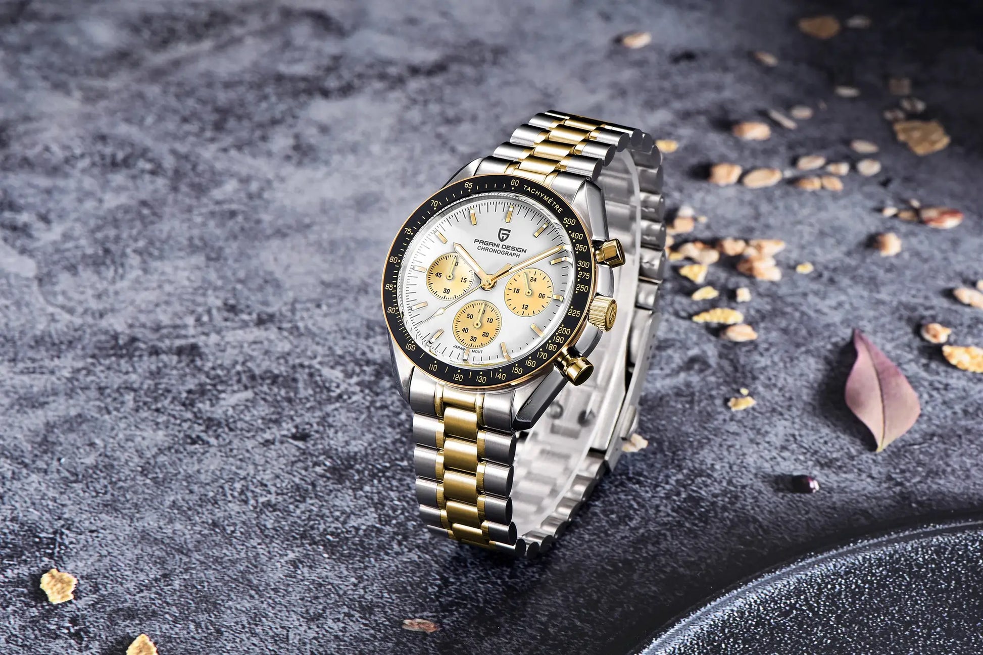 Pagani Design men's two-tone stainless steel chronograph watch with gold bezel and white dial