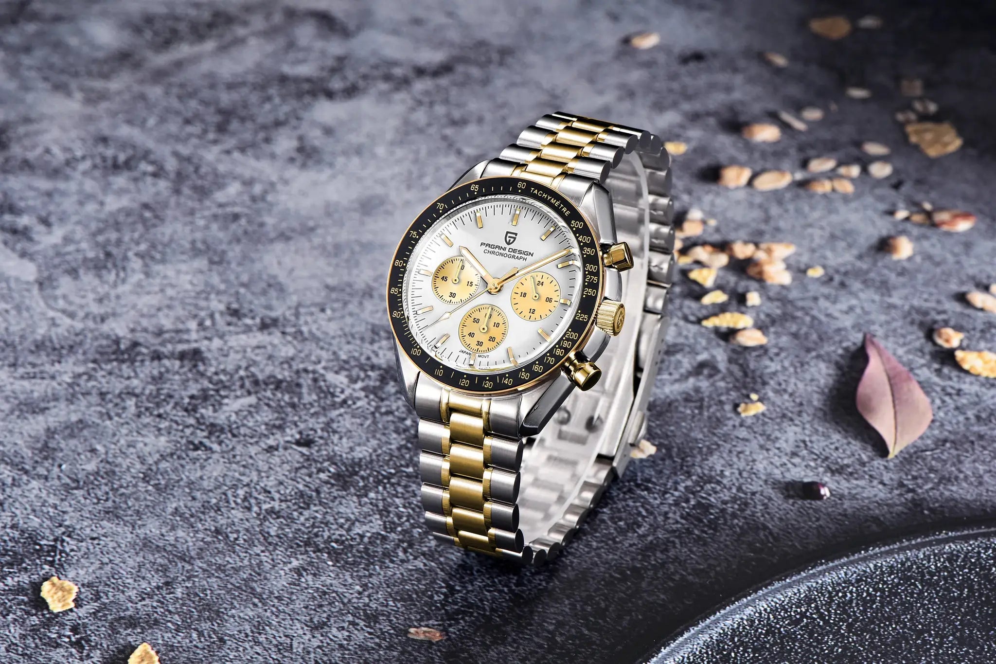 Pagani Design men's two-tone stainless steel chronograph watch with gold bezel and white dial