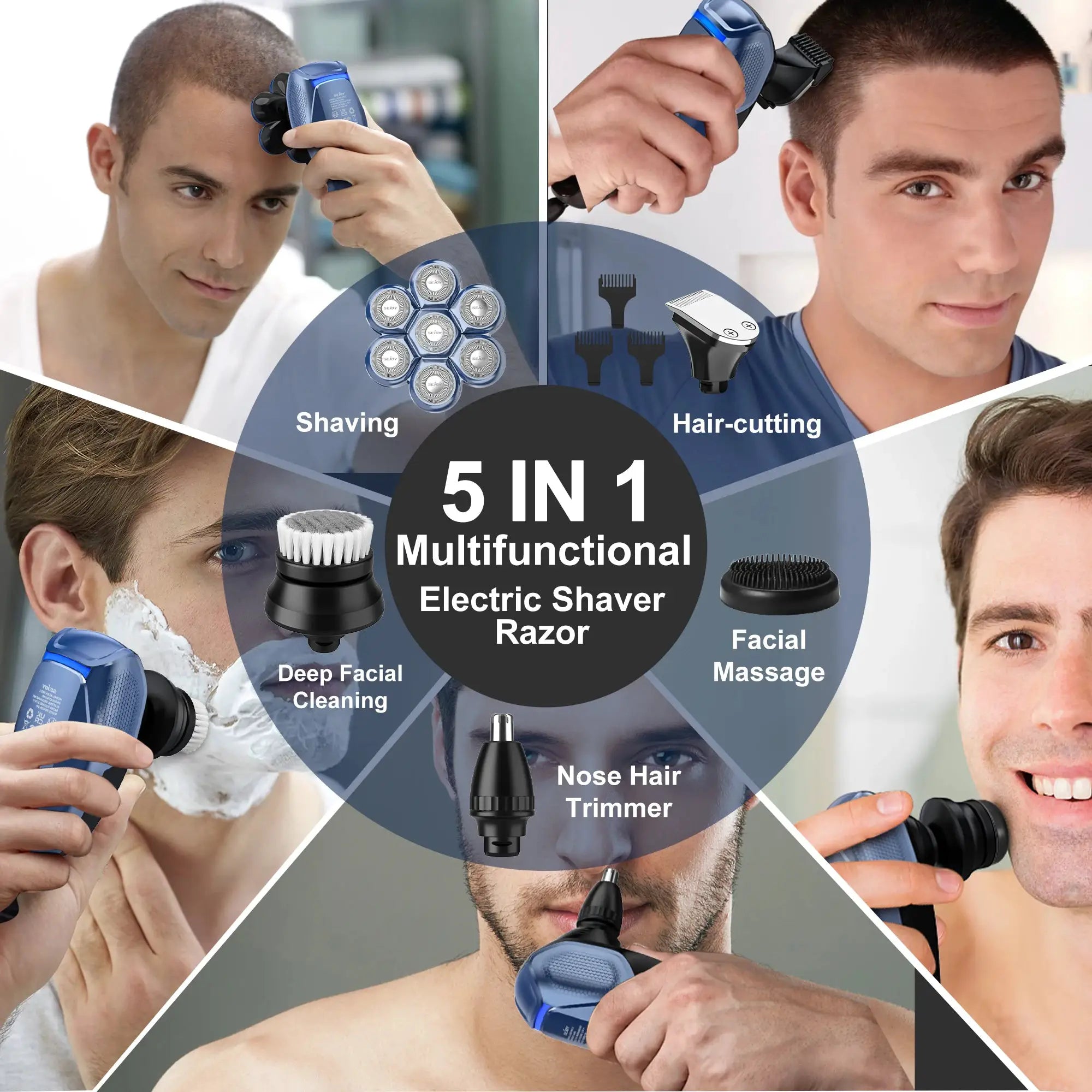 Sejoy 6-in-1 blue multifunctional electric shaver kit with nose trimmer by Simples Market