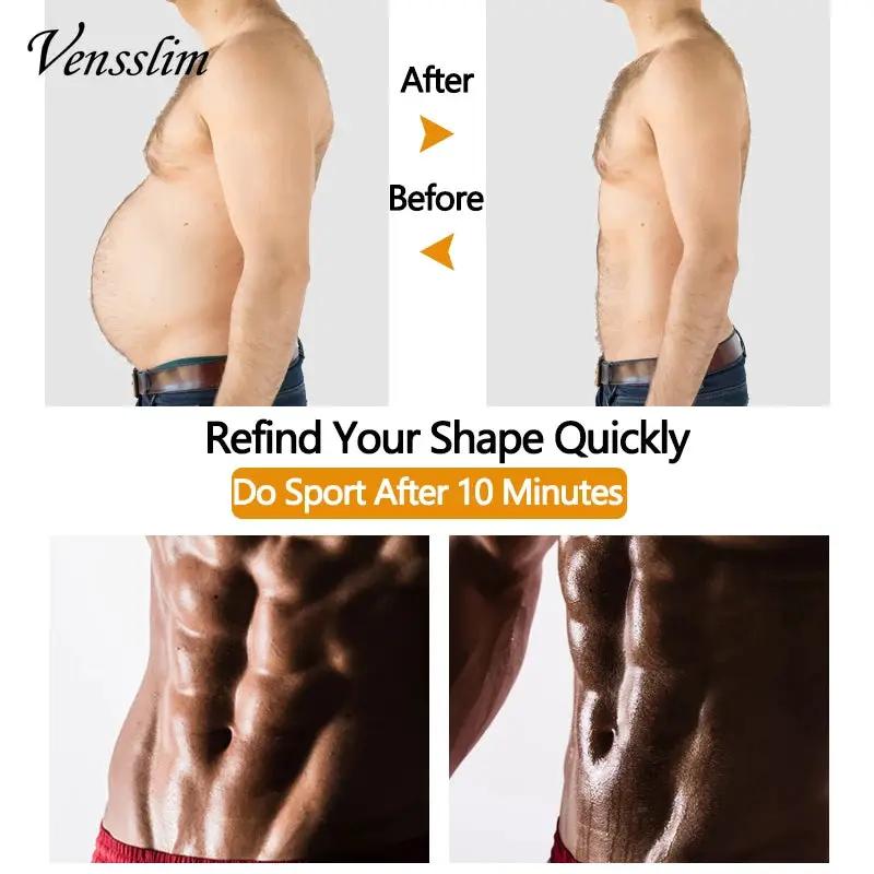 Vensslim black men's waist trainer belt four-panel collage showing before/after torso transformation by Simples Market.