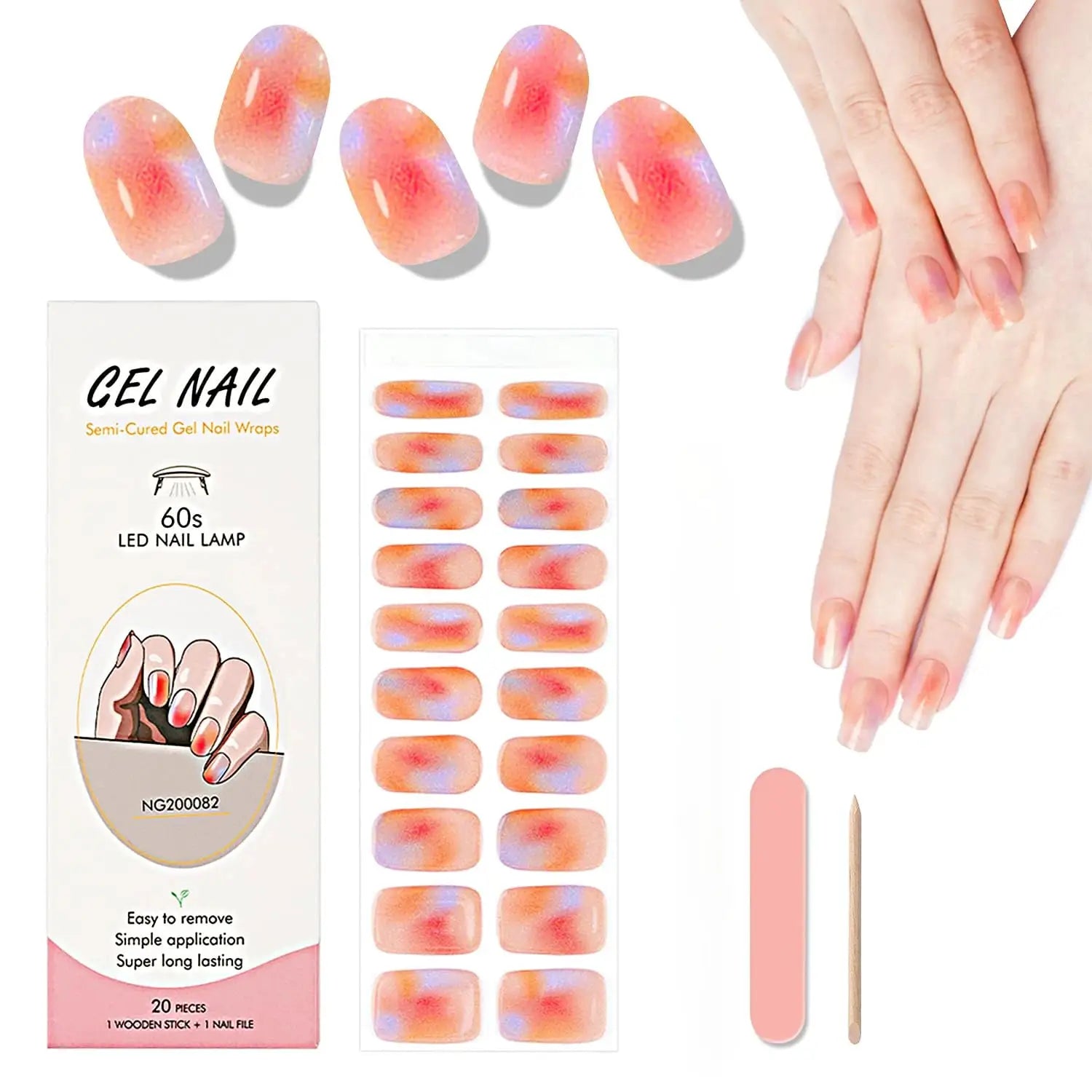 Simples Market Gel Nail Wraps kit with 20 peach-purple gradient full-cover wraps, LED lamp, nail file and wooden stick