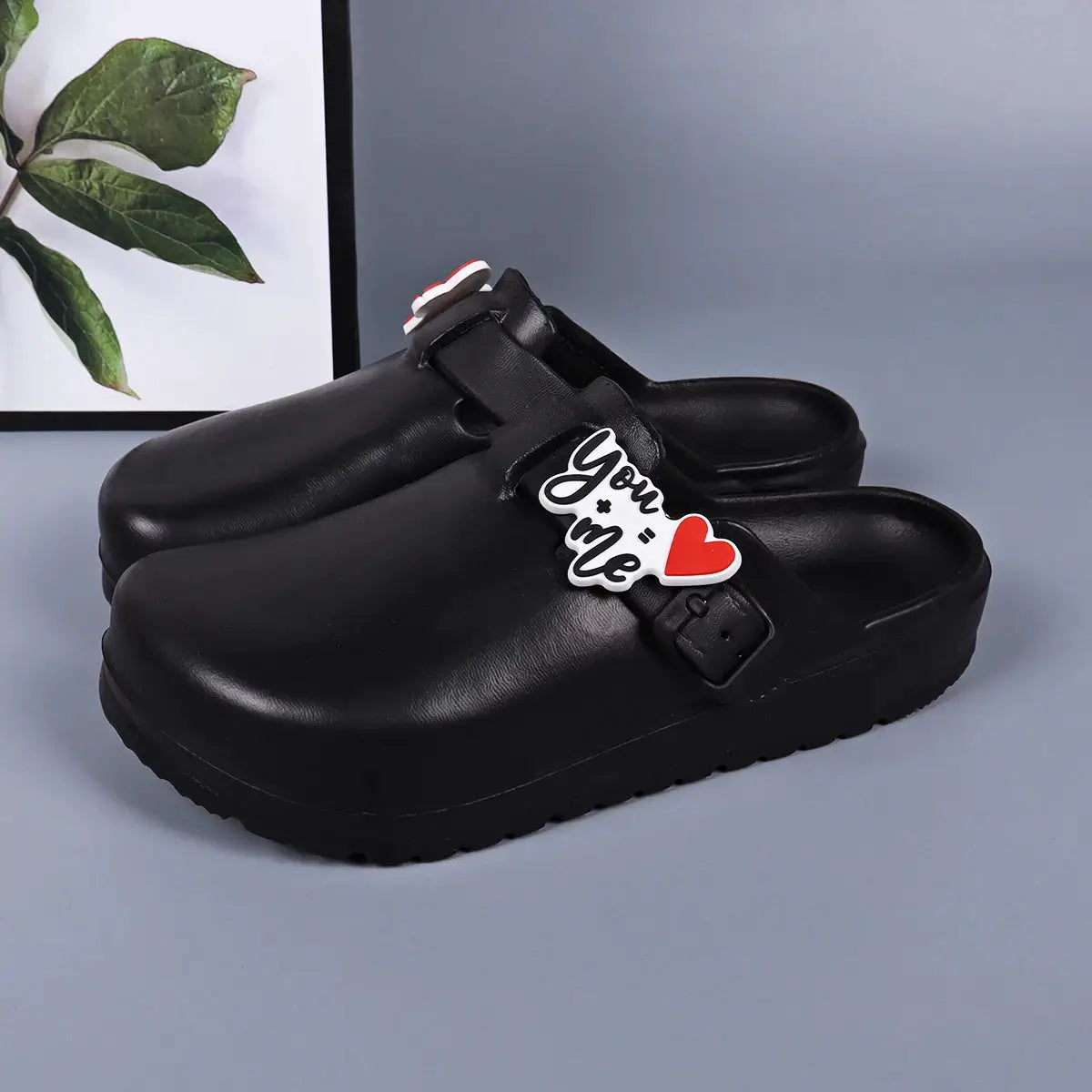 Simples Market black EVA slides for women with adjustable strap and You Me heart charm, waterproof indoor-outdoor