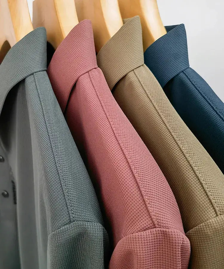 Men's ice silk polo shirt, textured fabric, four colors on hangers (gray, pink, beige, navy) Simples Market