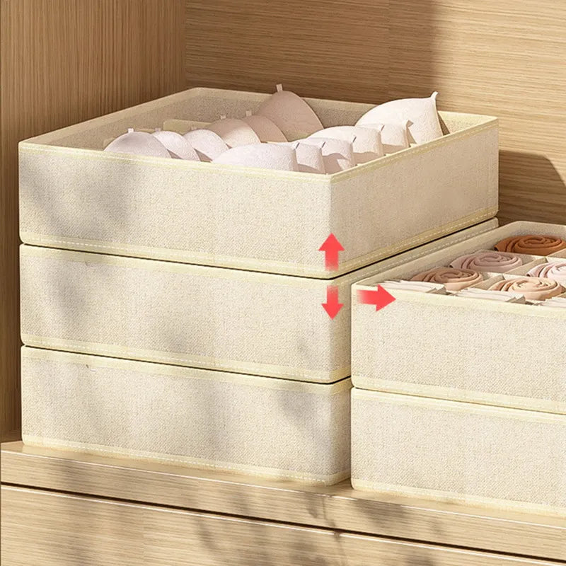 Storage boxes by Simples Market; beige fabric wardrobe organizers (set of 5) for underwear and socks.