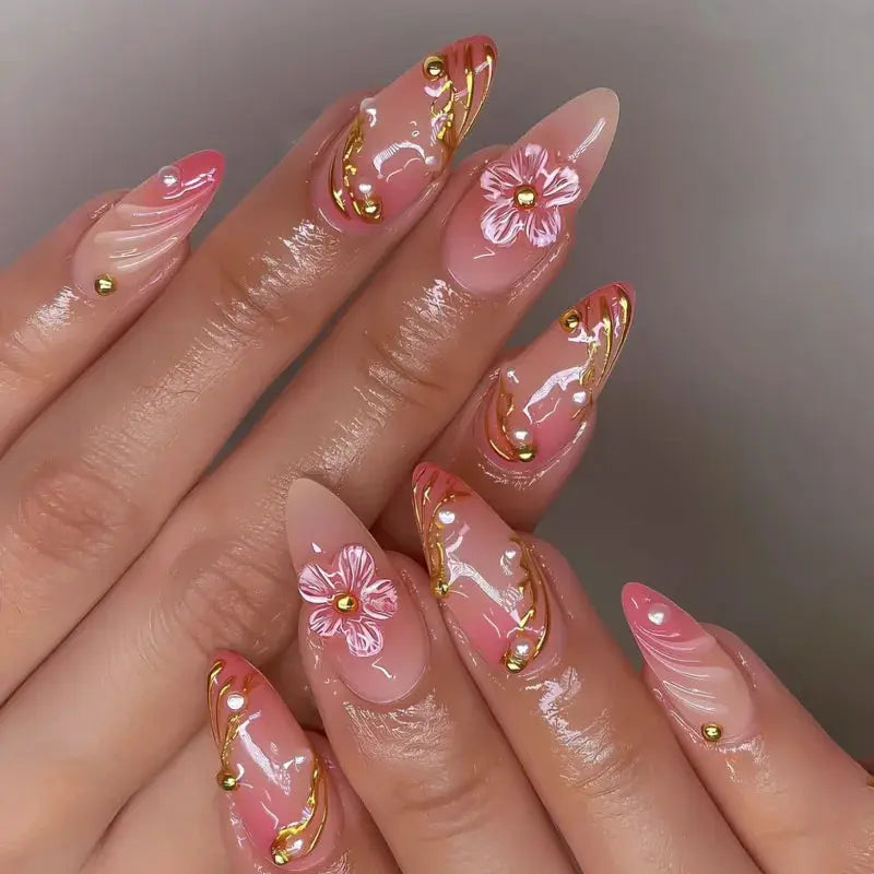 GlamNail Pink Almond Press On Nails Full Coverage Carved Flower 3D Ripple French Tips Golden Pearl Finish