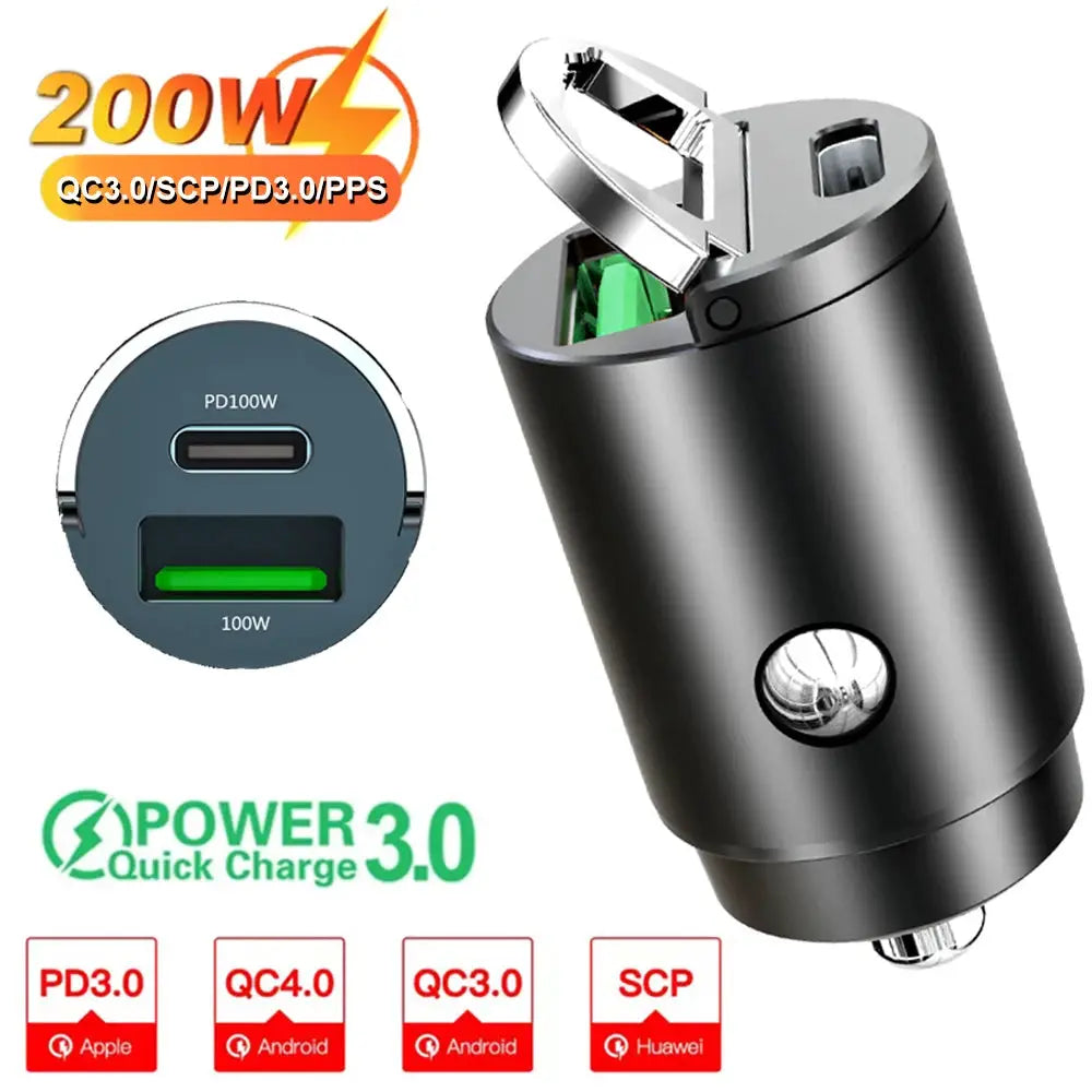 100W And 200W QC3.0 PD Mini Car Charger 12 To 24V USB Type C Charger For Xiaomi Samsung Huawei iPhone