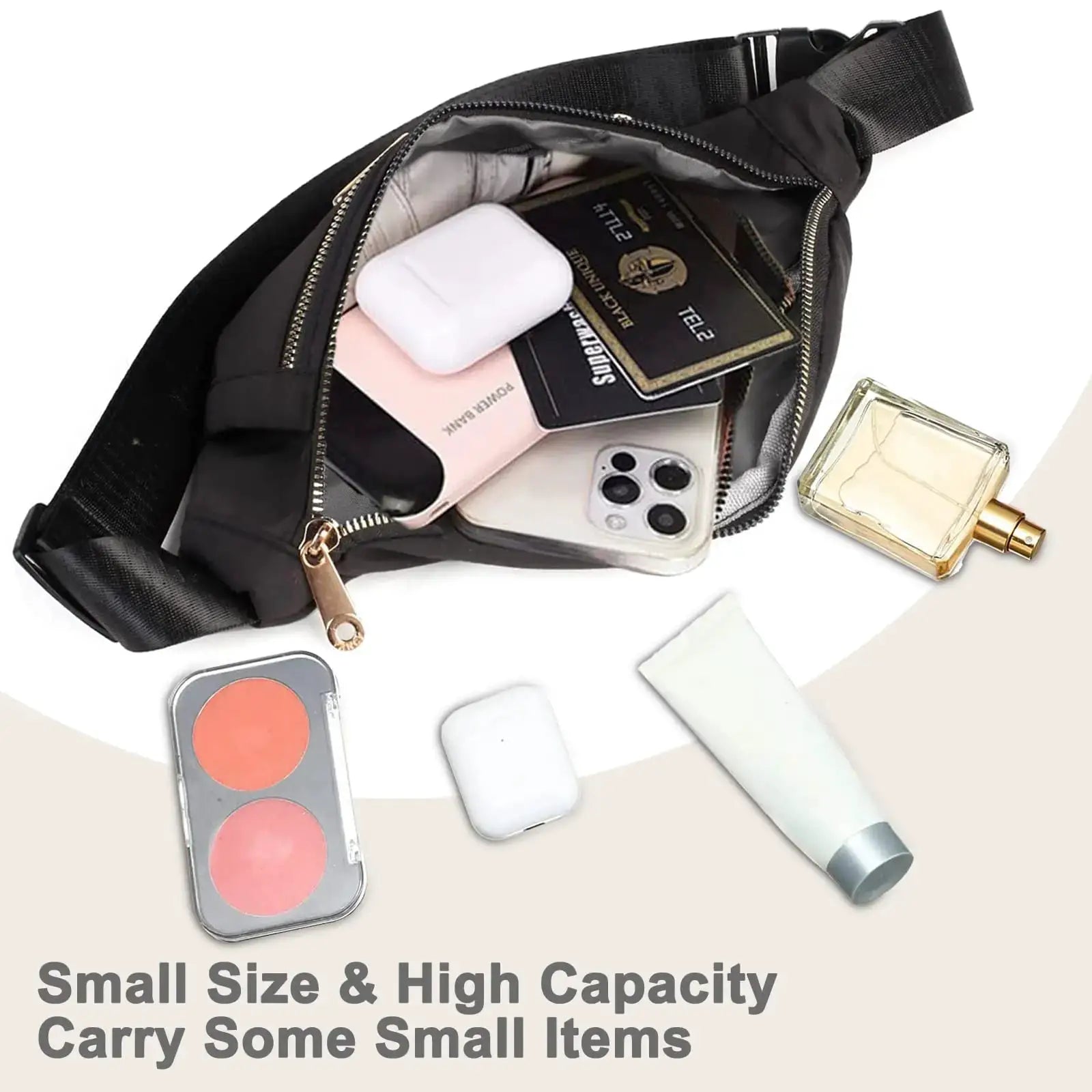 Fanny pack waist bag, black lightweight belt bag with zipper compartments