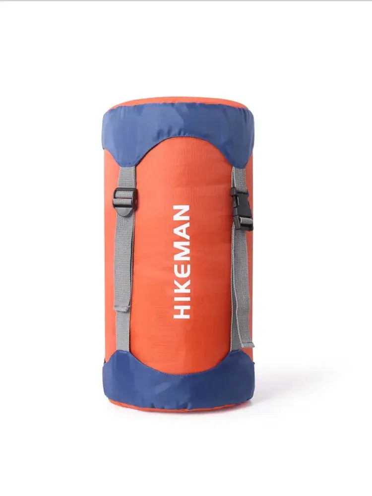 HIKEMAN sleeping bag compression storage bag, orange with blue ends, gray straps