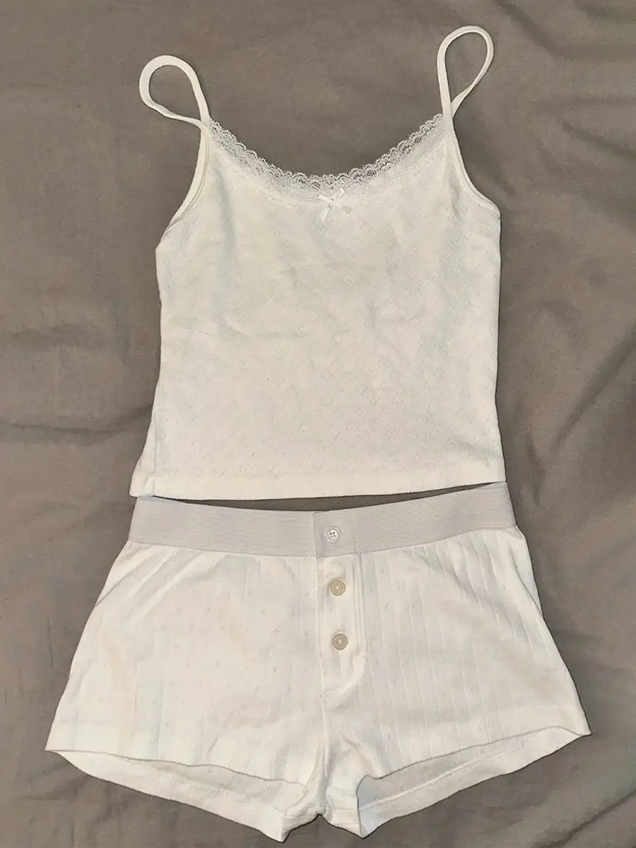 Strawberry Print Vest And Shorts Set For Women Eyelet Bow Tank Top