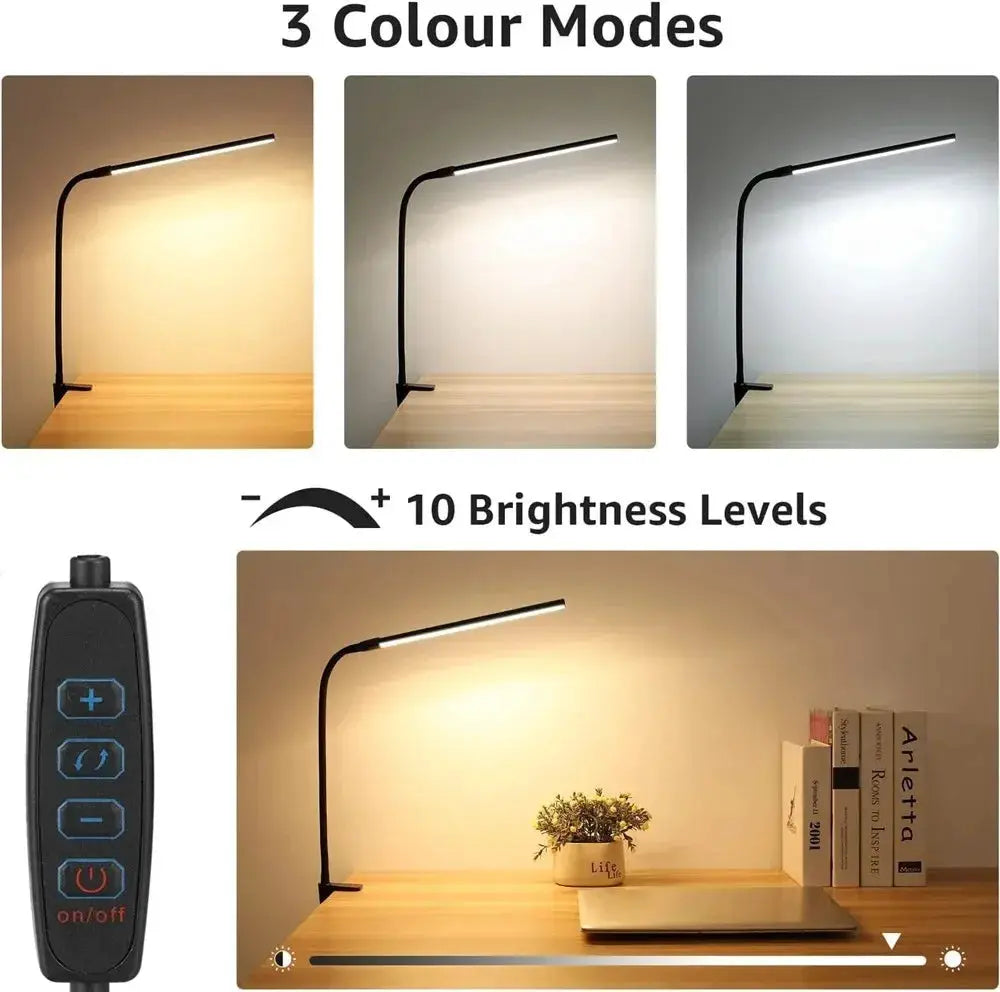 LED Desk Lamp with adjustable gooseneck; double/single head, eye-care, stepless dimmable, 3 color modes, remote.