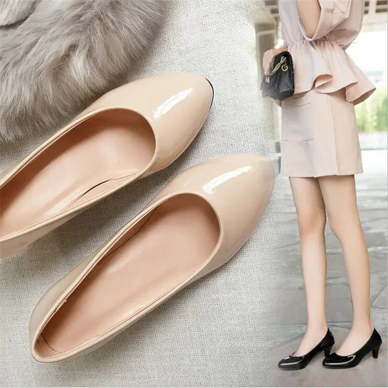 GraceStep Nude Pumps For Women Medium Heel Slip On Dress Shoes Sleek PU Comfort For Office And Parties