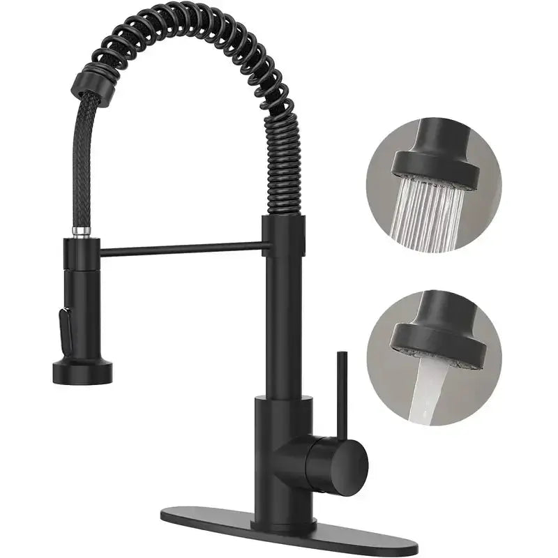 PHANCIR black kitchen faucet with pull-down spray, spring neck, single-handle, 1/3-hole adaptable