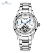 Sea-Gull men's automatic mechanical watch with multifunction calendar dial, skeleton window, and stainless steel band.