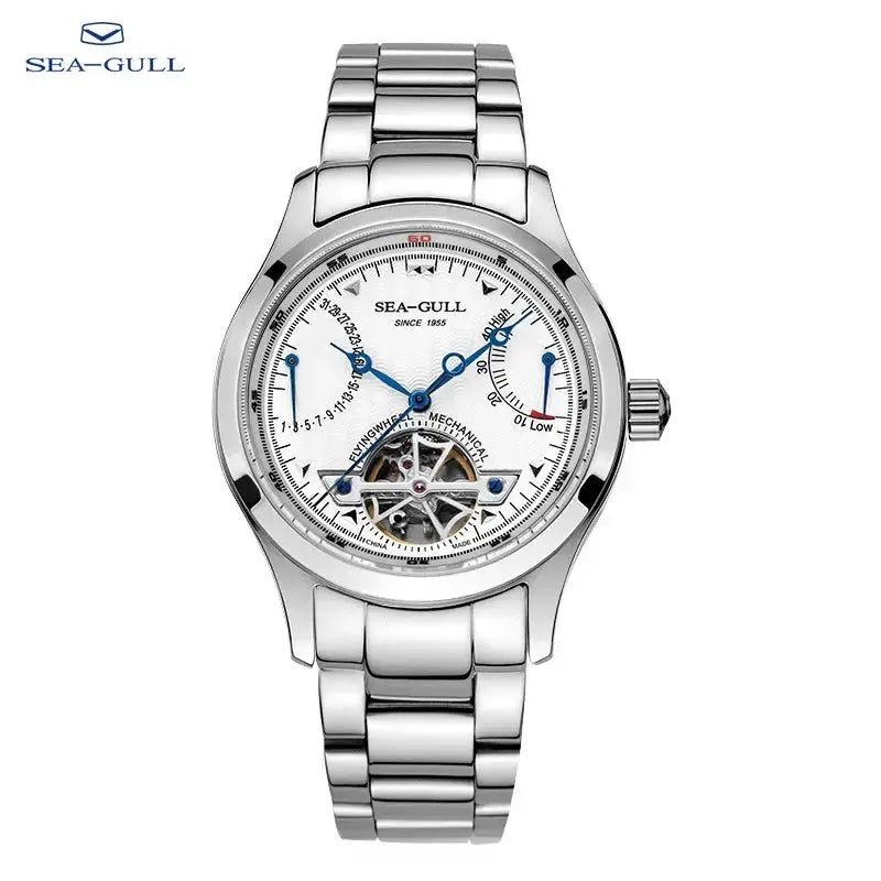 Sea-Gull men's automatic mechanical watch with multifunction calendar dial, skeleton window, and stainless steel band.