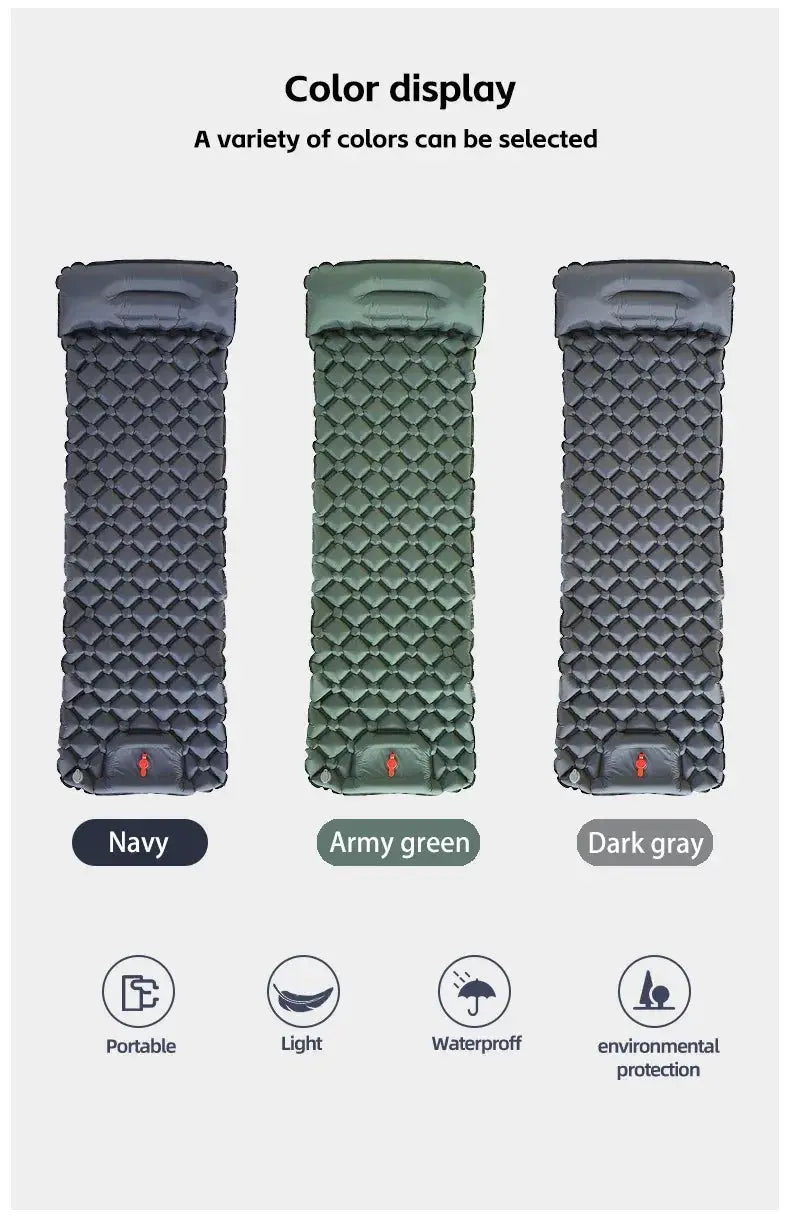 TARKA inflatable camping mat with pillow, three mats in Navy, Army Green, and Dark Gray by Simples Market