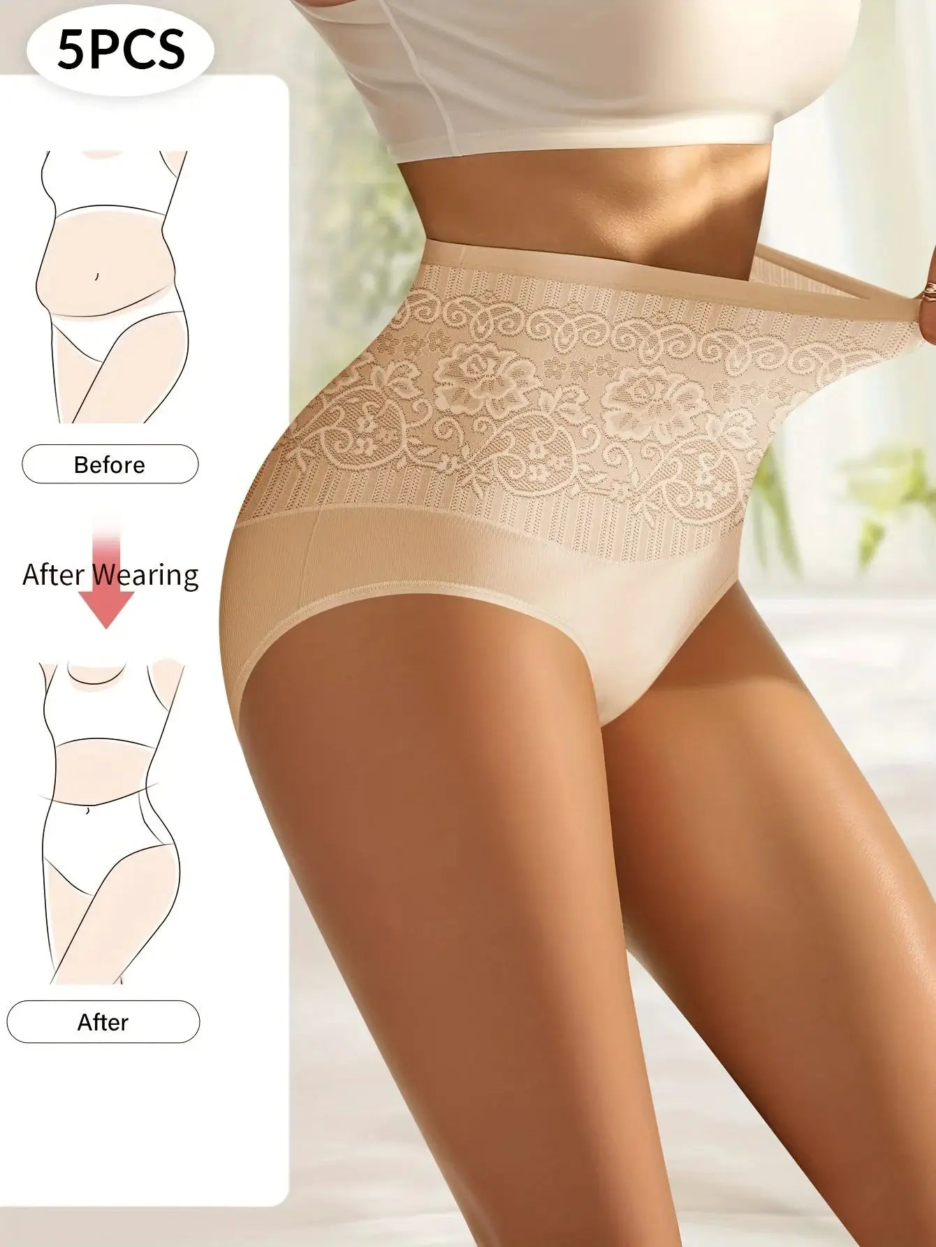 5Pcs beige high-waist tummy-tuck panties with lace jacquard by Simples Market
