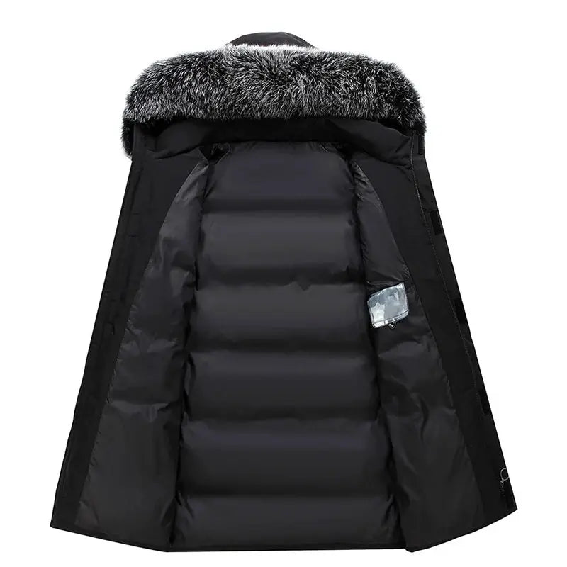 Men's black down jacket with fur-trimmed hood, Simples Market LZLLTT windproof parka