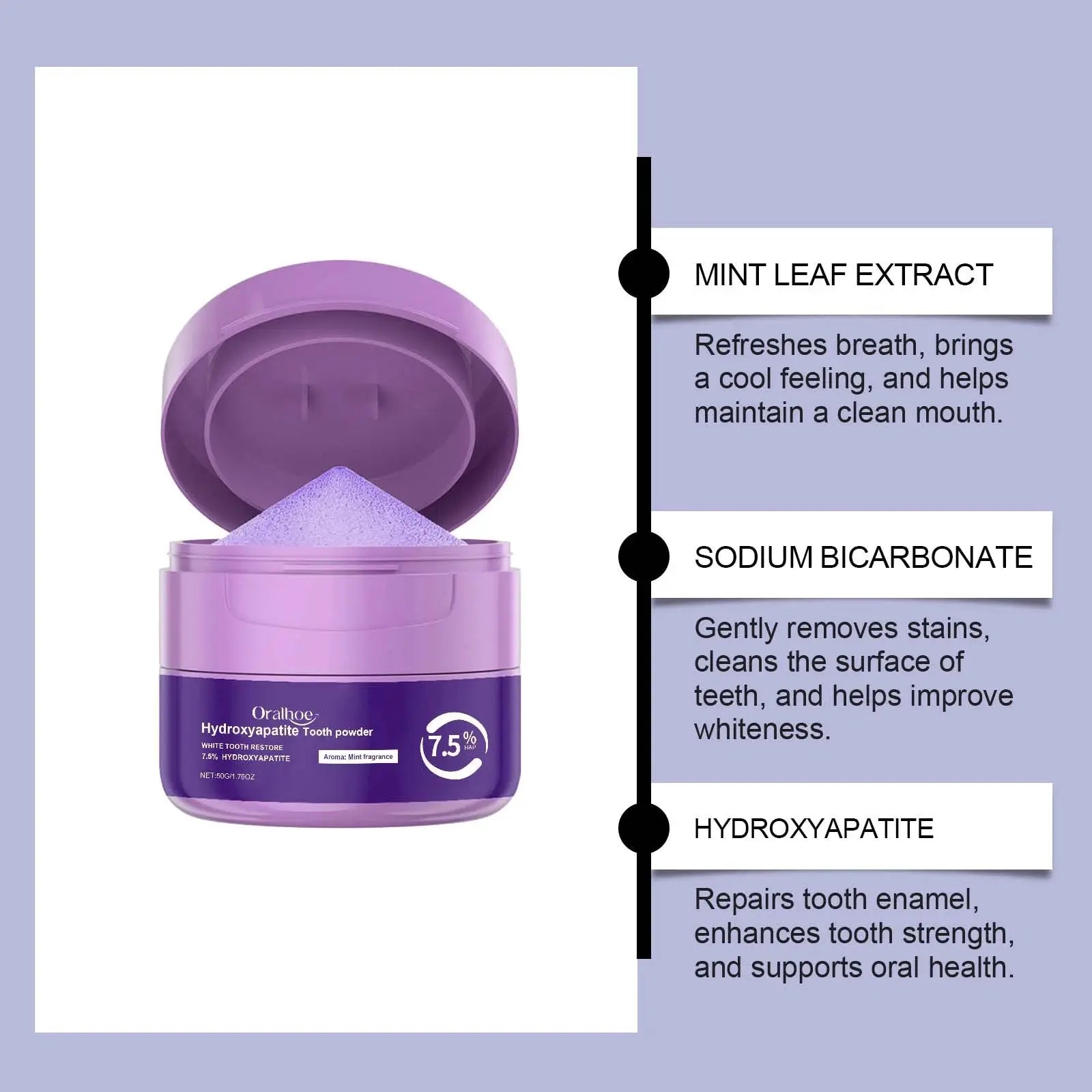 Whitening tooth powder by Simples Market in a purple jar with mint leaf extract and hydroxyapatite