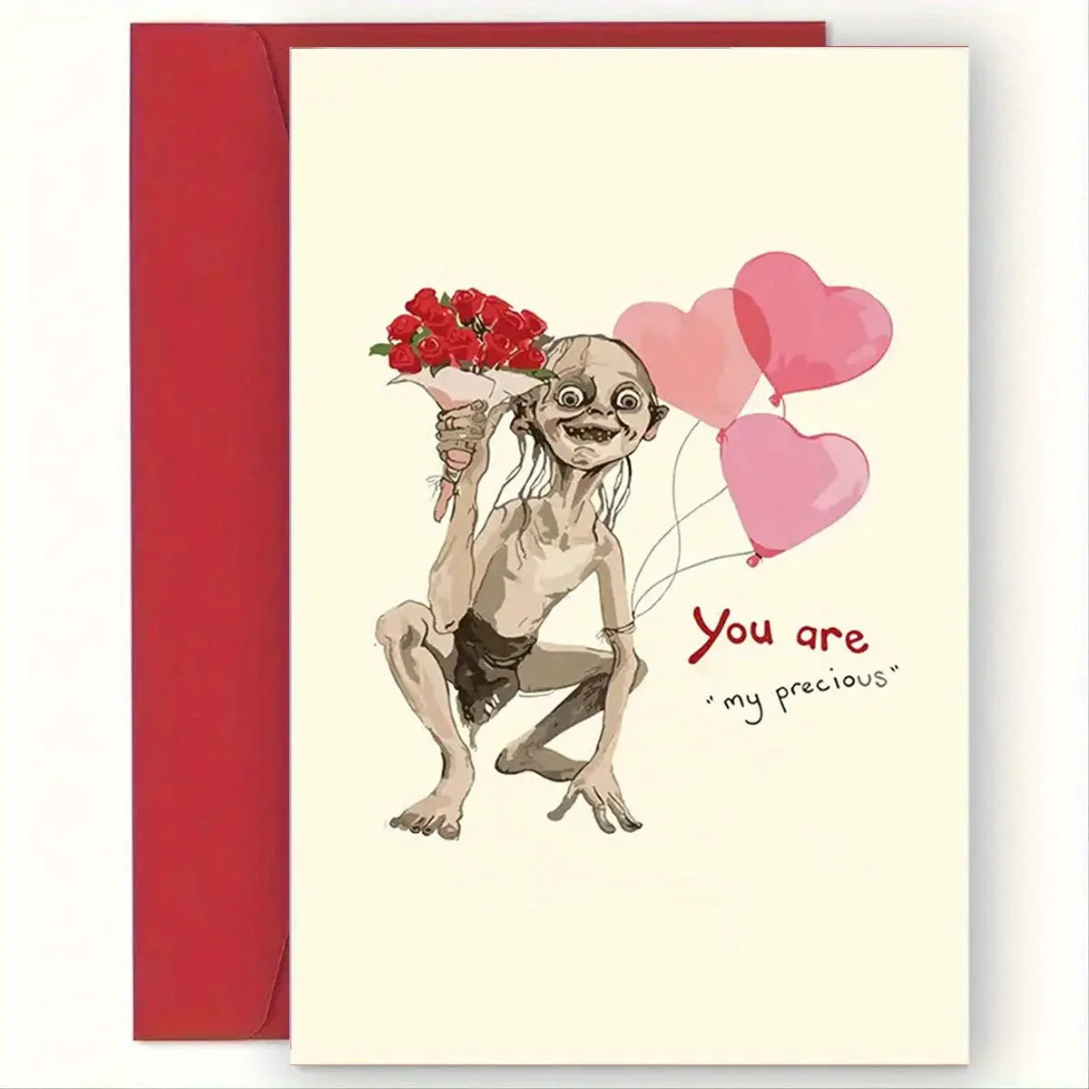 Valentine's Day greeting card with envelope; goblin-like figure holding red roses and pink heart balloons.