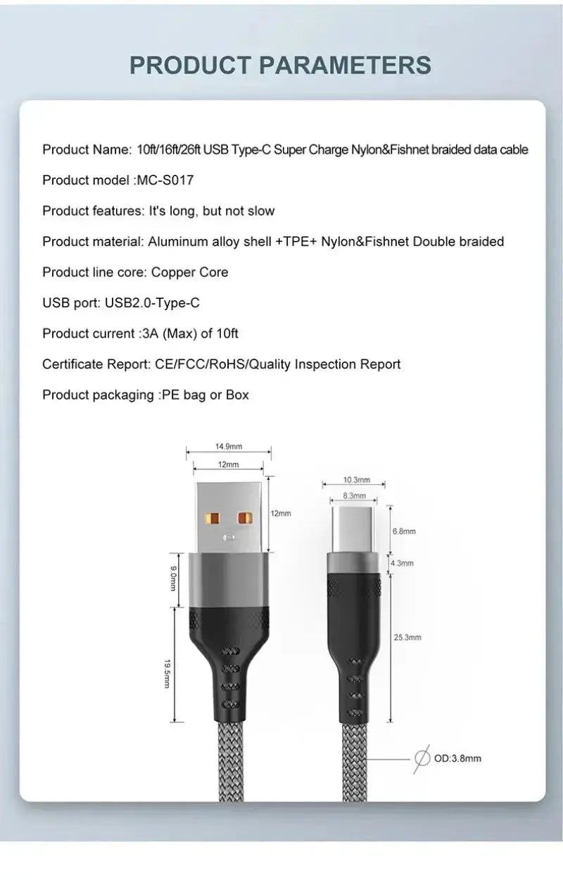 Simples Market USB Type-C braided charging cable, black nylon-fishnet braided, 5A fast charge, lengths 10/16/26 ft