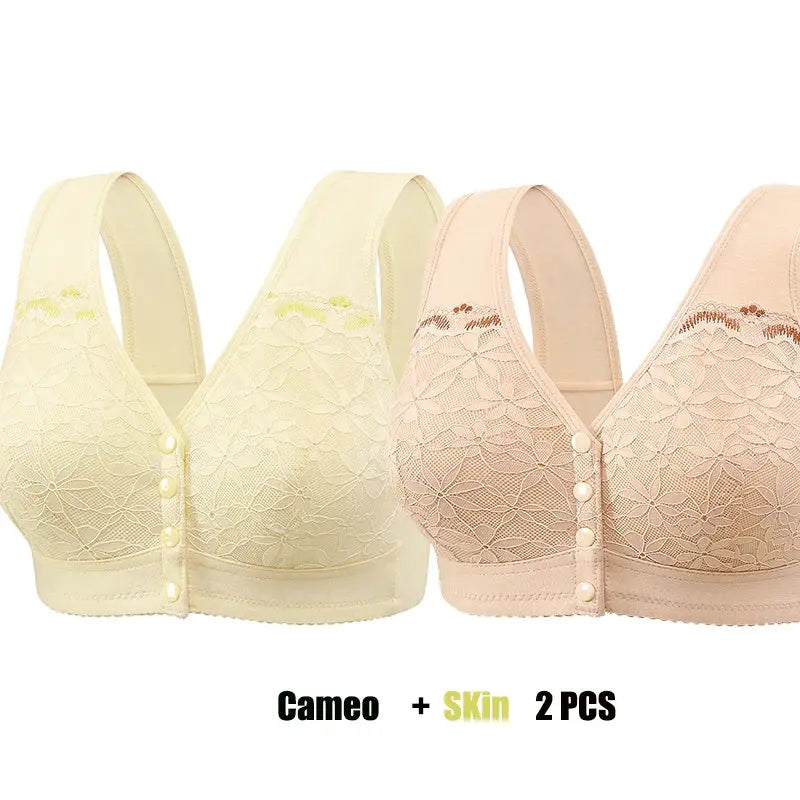 Two soft cotton lace front-closure bras in cream and blush pink, no underwire, 2 pcs