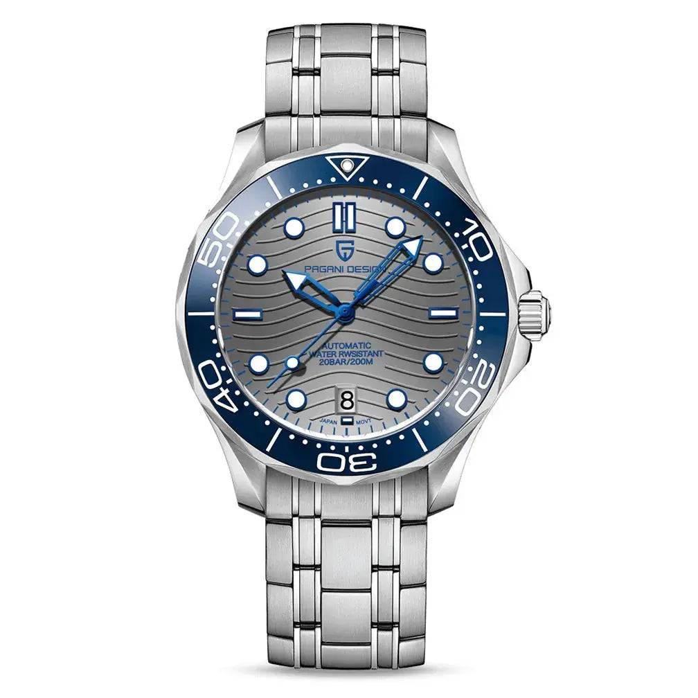 Pagani Design men's automatic diver watch with blue bezel, stainless steel bracelet, grey wave dial and date window